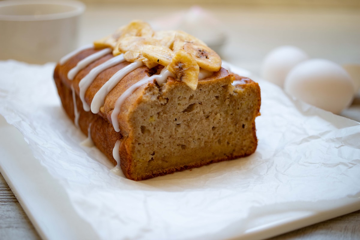 Banana bread loaf with icing